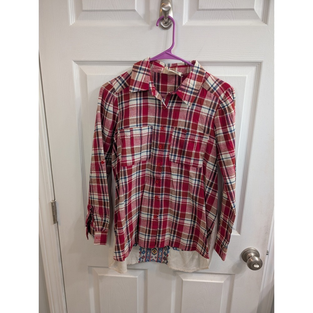 Savanna‎ Jane Plaid Embroidered Shirt Women Red Boho Western - Size XS